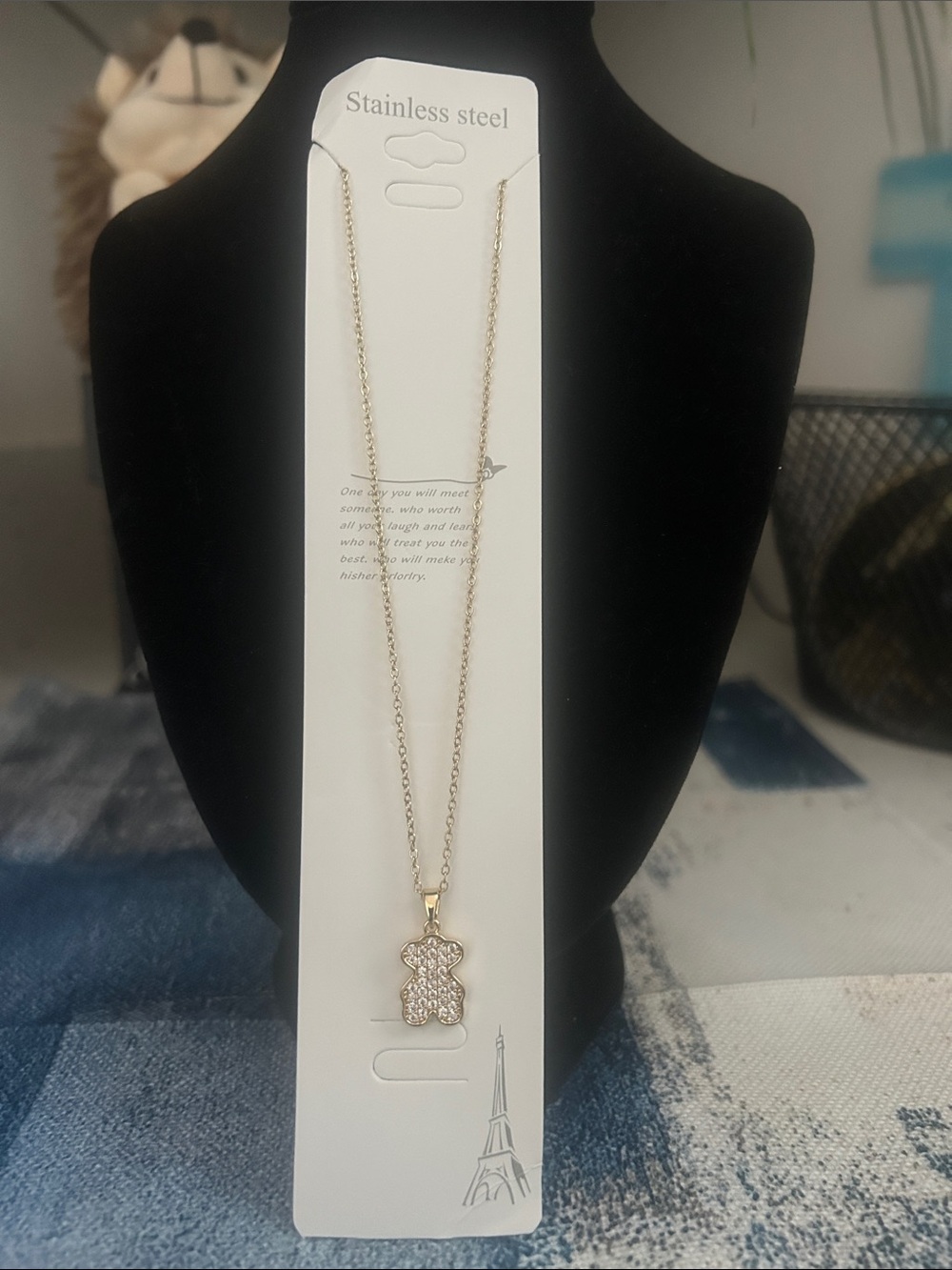 Stainless Steel Gold-Tone Teddy Bear Pendant Necklace